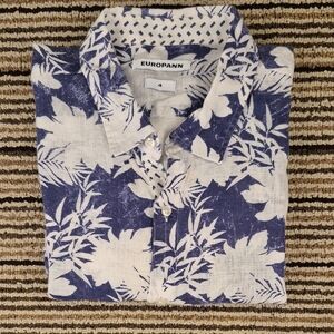 EUROPANN Saint Tropez Blue White Floral Weave LINEN Sz 4 US XL Long Sleeve Shirt